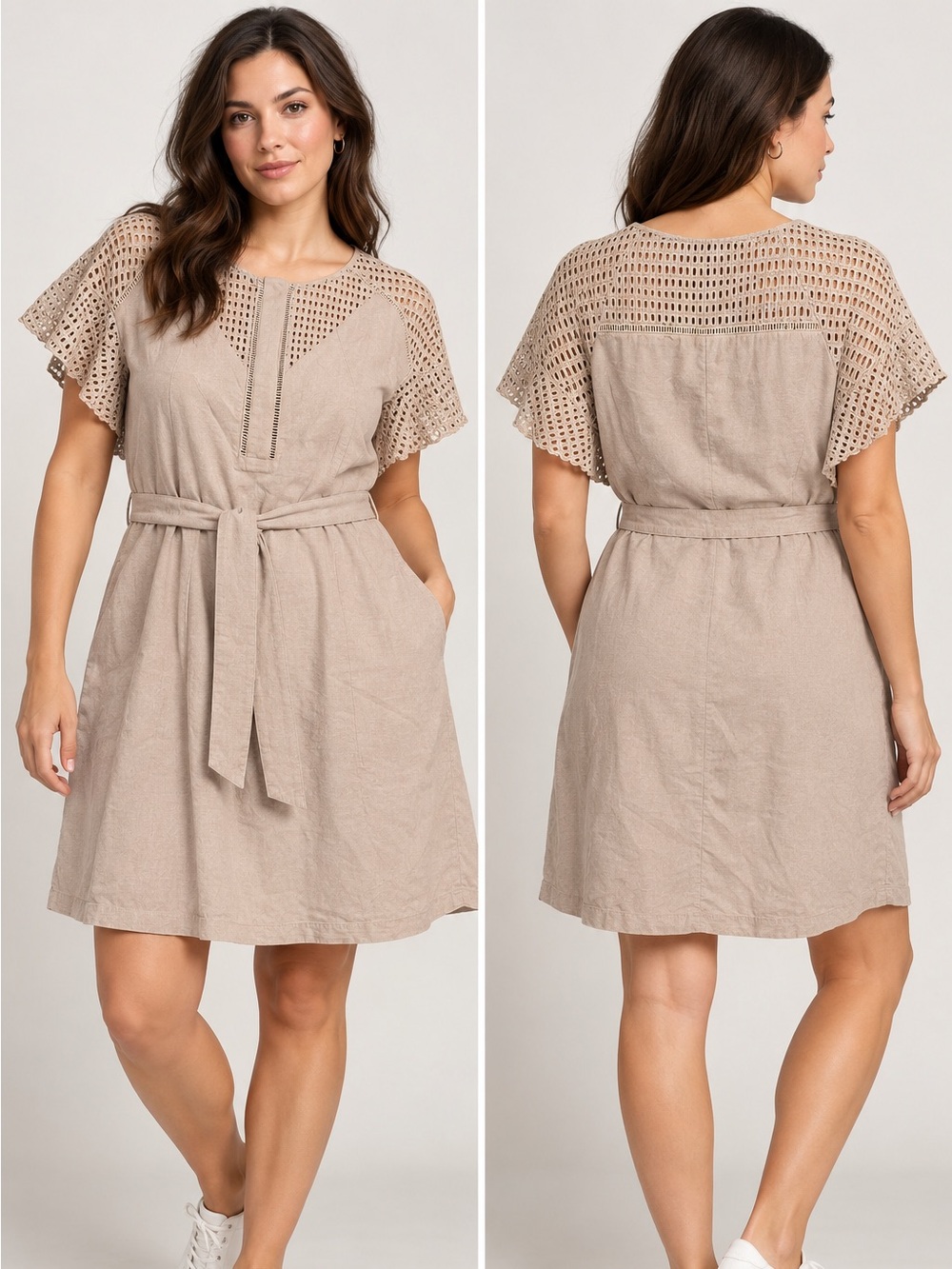 CC Collect Beige Eyelet Lace Flutter Sleeve Belted Dress Size S
A1-6